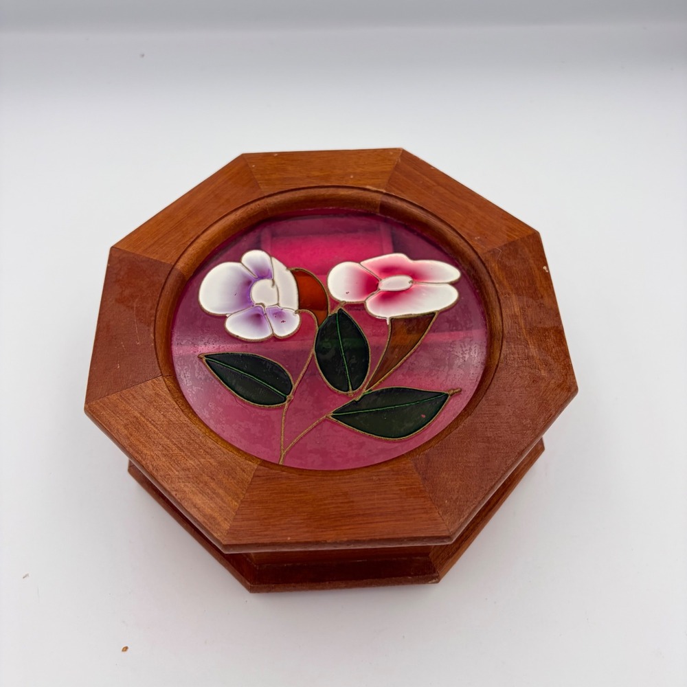 Mele Vintage Octagon Wood Jewelry Box Floral Glass Inlay Red Velvet Lining 6in